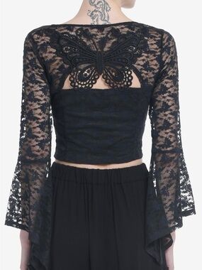 Cosmic Aura Black Butterfly Lace Corset Top Bell Sleeve Whimsigoth Goth Y2K L